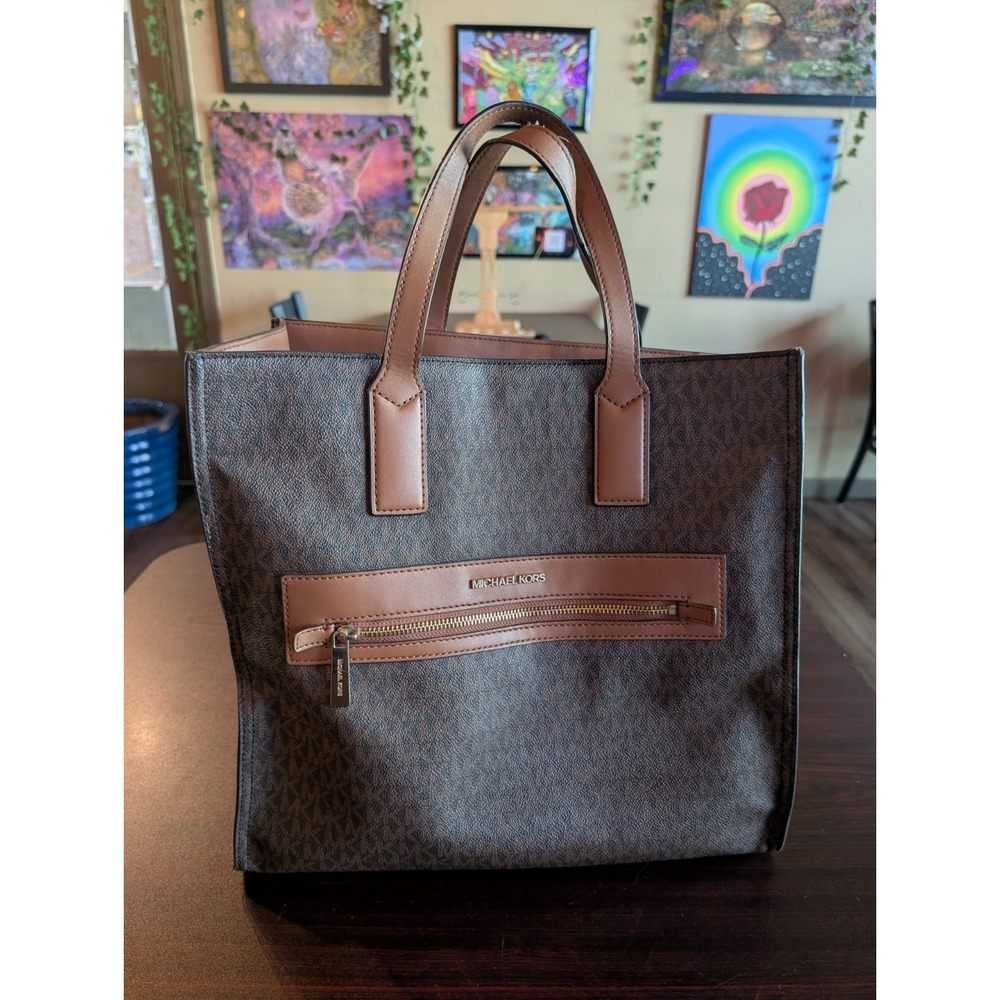 Michael Kors Large  Kenly Leather Shoulder Tote Satchel Crossbody Brown